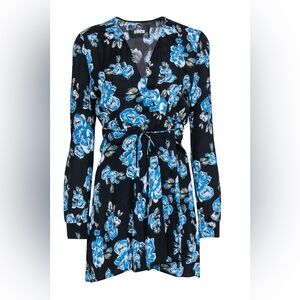 Reformation Black & Blue Rose Print Long Sleeve Wrap Dress, size Small Petite